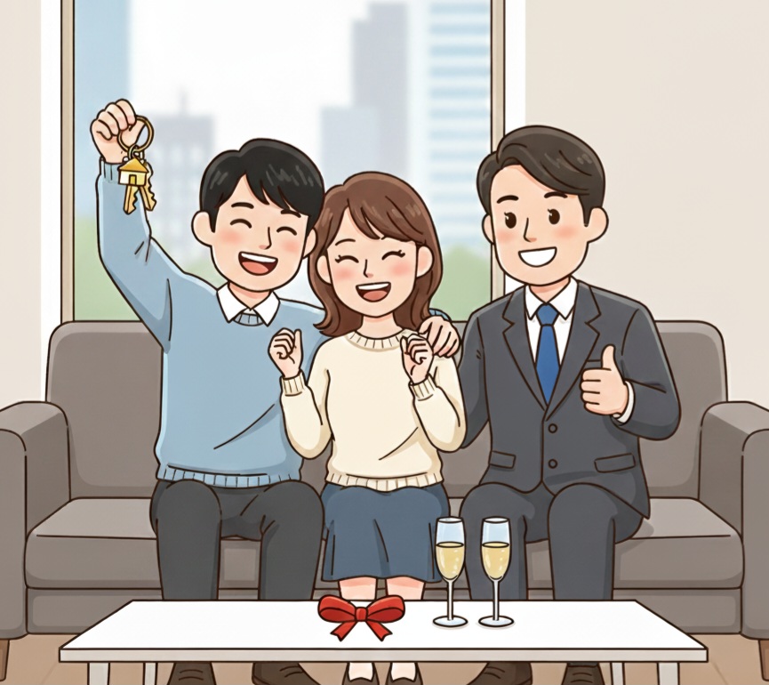 HUG 안심전세대출로 지1을 성공적으로 구매한 신혼부부 이미지 일러스트