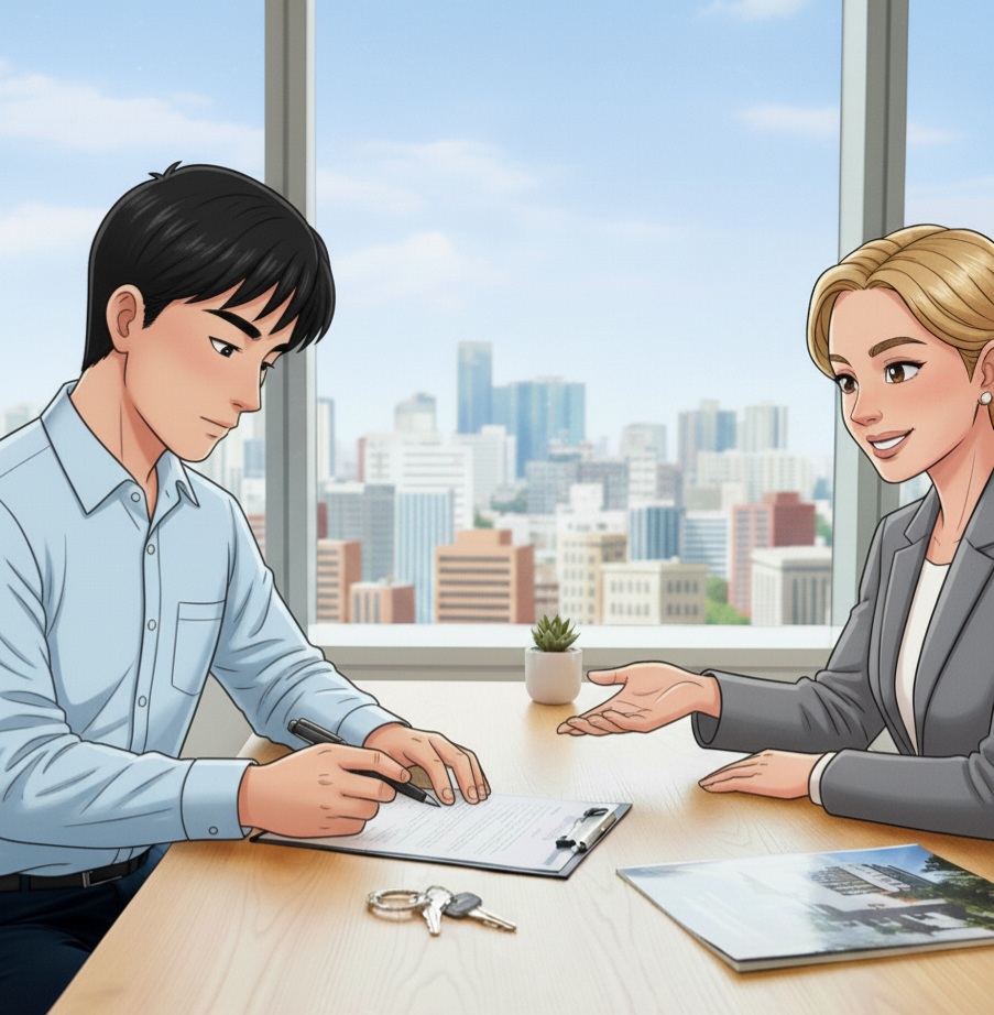 등기부등본 서류를 들여다보며 위험 요소를 찾아내는 이미지