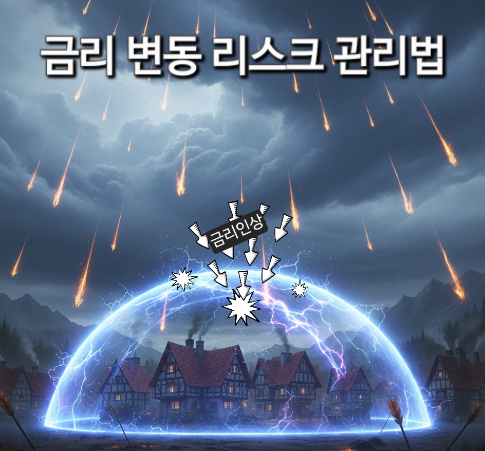 하늘에서 내려오는 '금리 인상'이라고 쓰인 공격, 에너지 쉴드로 집을 보호하고 있는 이미지.