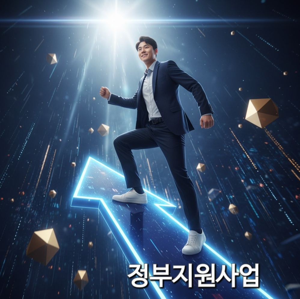 '정부지원사업'이라고 적힌 화살표를 밟고 한 단계 위로 올라가는 프리랜서의 모습.