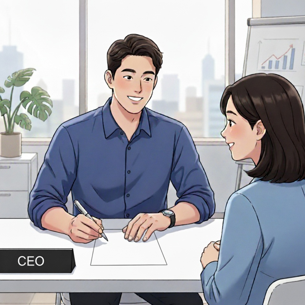 'CEO'라고 적힌 명패가 놓인 책상에서 근로계약서를 놓고 면접을 보는 모습.