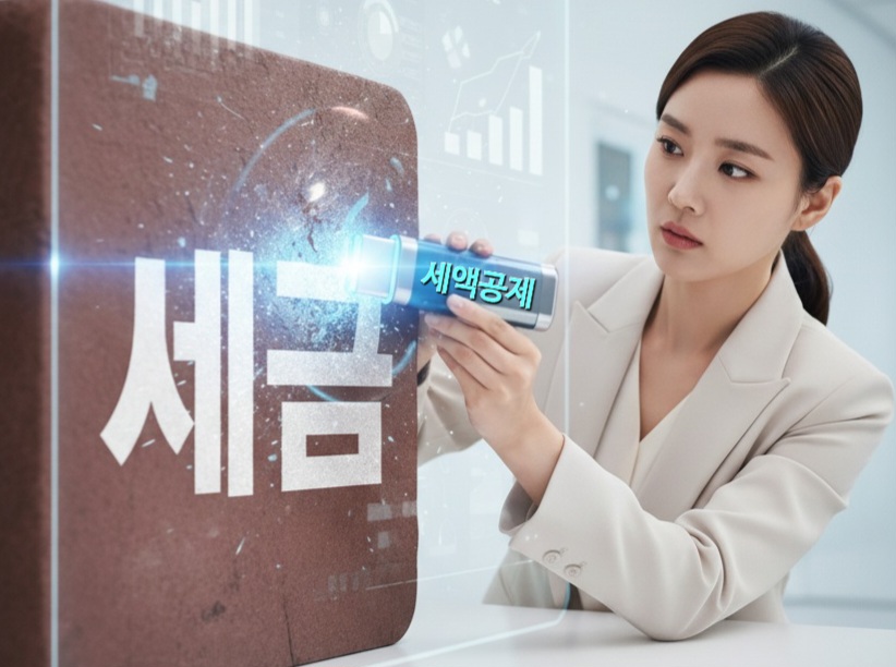 '세금'이라고 적힌 블록을 '세액공제'라는 지우개로 직접 지우는 이미지.