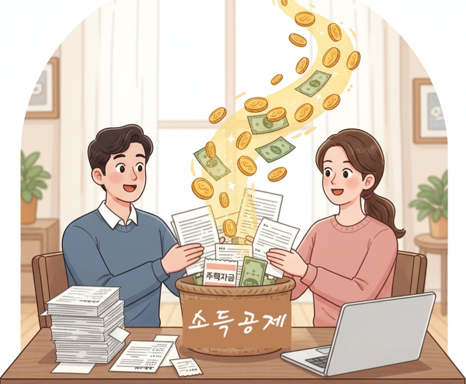 남편과 아내가 각자의 서류를 '소득공제'라는 하나의 바구니에 합치며 환급금이 늘어나는 모습.