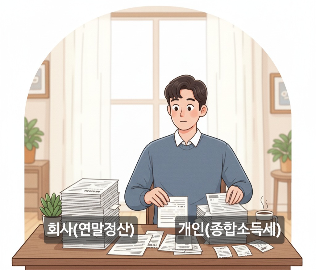회사(연말정산)'와 '개인(종합소득세)'이라고 적힌 두 개의 서류를 분리하여 정리하는 사람의 모습.