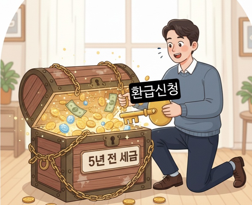 '5년 전 세금'이라고 적힌 잠긴 보물상자를 '환급 신청'이라는 열쇠로 여는 모습.