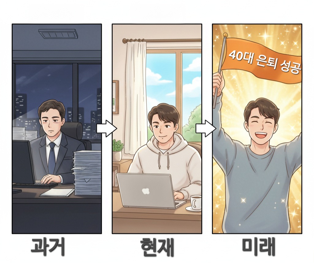 평범한 회사원 복장의 사람이 점차 여유로운 옷차림으로 바뀌며 노트북으로 여행 계획을 짜거나 취미 활동을 즐기는 모습으로 변화하는 과정을 보여주는 타임라인 형태의 일러스트레이션. 희망적이고 공감되는 분위기.