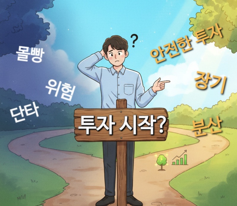 '투자 시작?'이라고 적힌 갈림길 표지판 앞에서 고민하는 사회초년생 캐릭터. 한쪽 길은 안개가 껴있고 다른 쪽 길은 밝게 빛나며 '안전한 투자'라고 적혀있다. 희망적이면서도 신중한 분위기의 일러스트레이션.