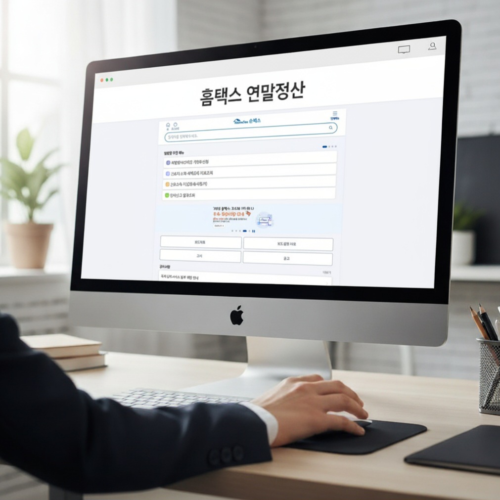 '홈택스 연말정산'이라고 적힌 컴퓨터 모니터 앞에서 자신감 있게 마우스를 클릭하는 사람의 손.