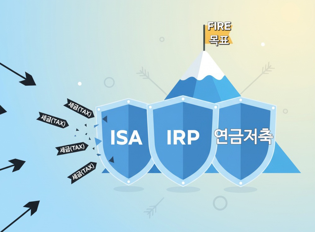 'ISA', 'IRP', '연금저축'이라고 적힌 3개의 방패가 '세금'이라고 적힌 화살을 막아내고 있는 모습. 방패 뒤에는 '파이어' 목표 지점이 보인다. 희망적이고 전략적인 느낌의 일러스트레이션.