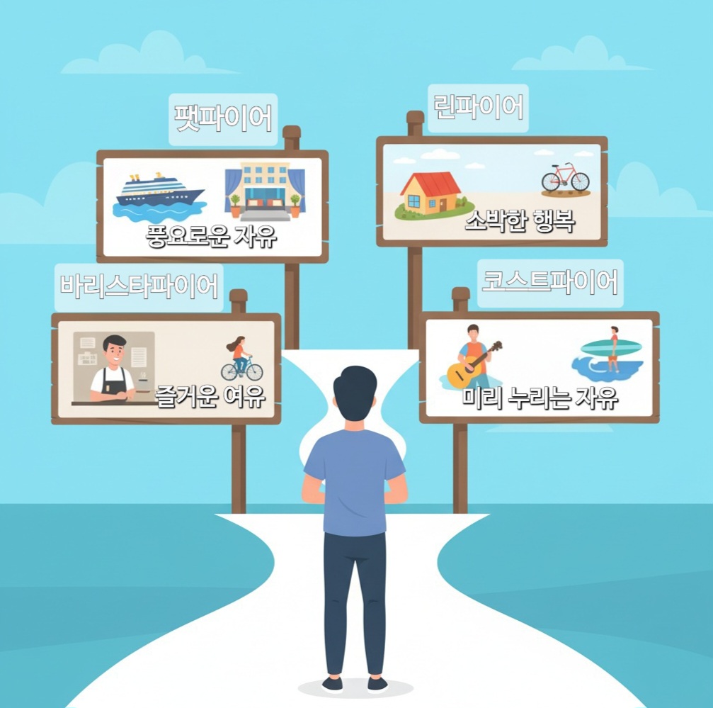 네 갈래 길 앞에서 각기 다른 라이프스타일(호화로운 여행, 소박한 자연 속 삶, 카페 알바, 여유로운 취미생활)을 상징하는 표지판을 보며 고민하는 사람의 뒷모습. 밝고 다채로운 색감의 일러스트레이션.