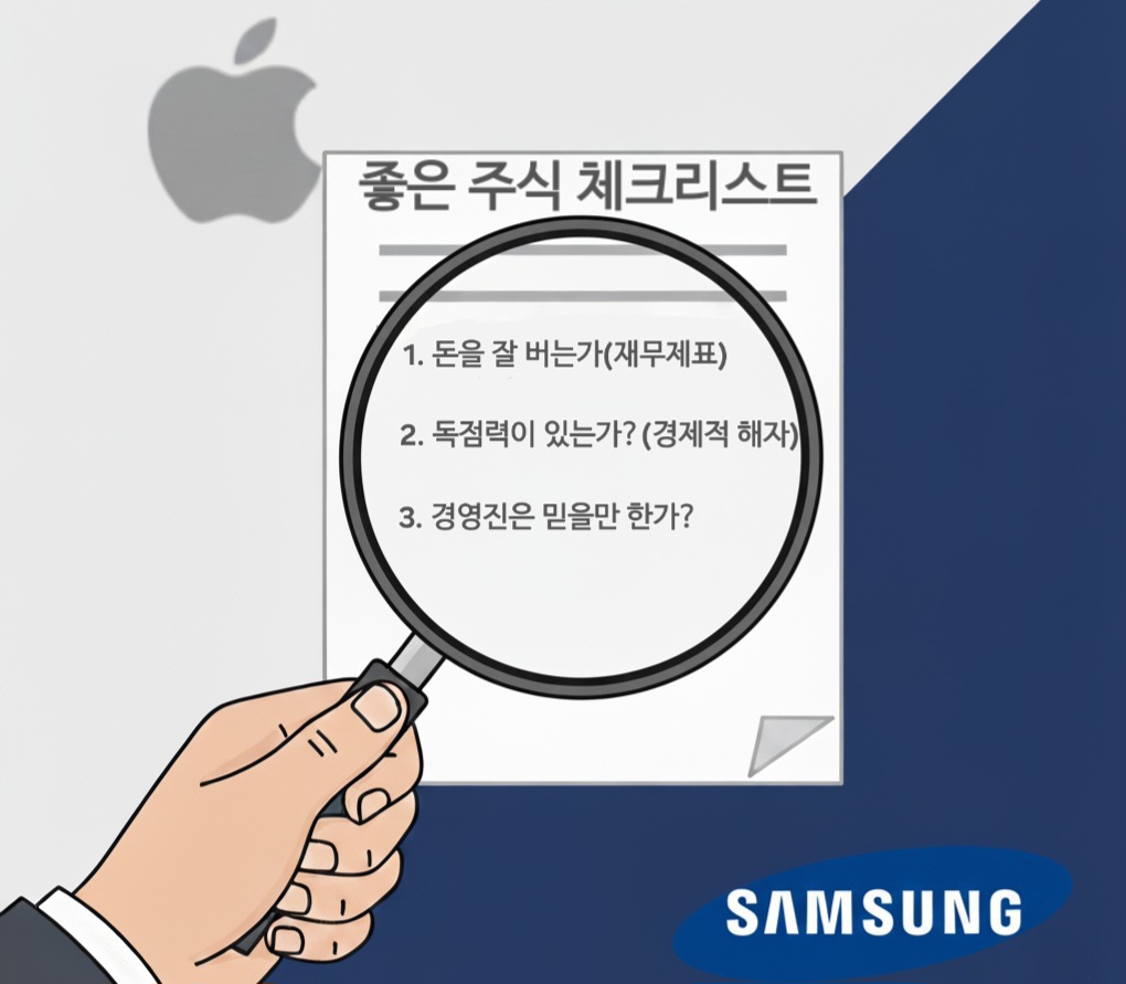 돋보기로 '재무제표', '해자', '경영진'이라고 적힌 체크리스트를 꼼꼼히 살펴보는 투자자의 모습. 뒤에는 삼성전자와 애플의 로고가 보인다.