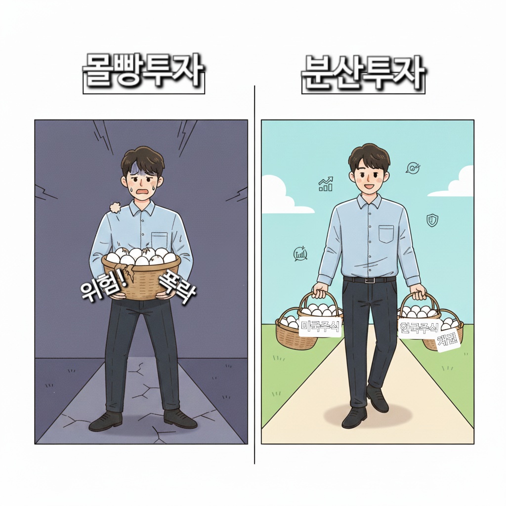'몰빵'이라고 적힌 위태로운 계란 바구니 하나와, '분산투자'라고 적힌 여러 개의 튼튼한 바구니에 계란이 나눠 담겨 있는 모습을 비교하는 일러스트레이션.