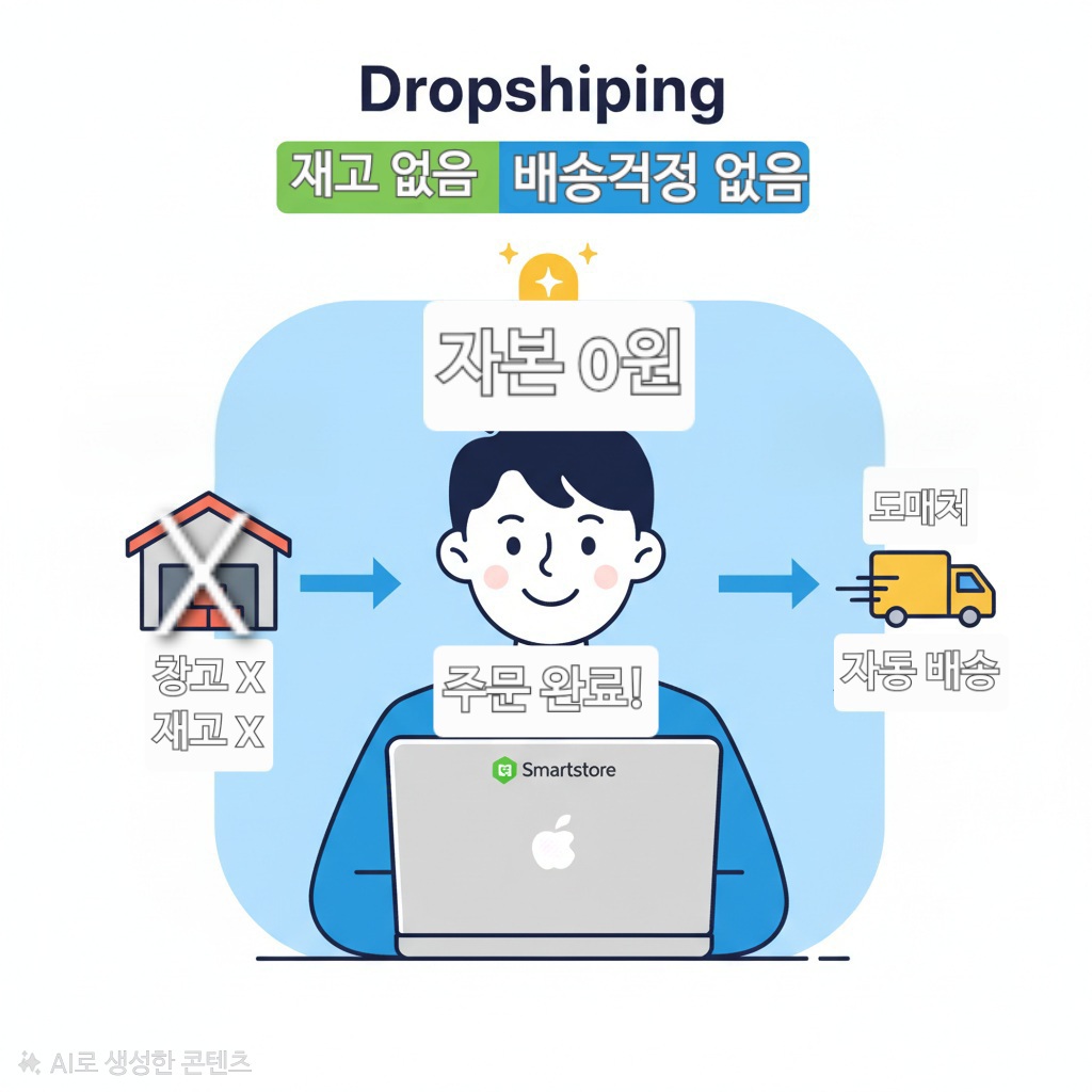 직장인 캐릭터가 노트북으로 스마트스토어를 운영하는 모습. '재고 없음', '자본 0원', '자동 배송'이라는 아이콘이 캐릭터를 감싸고 있다.