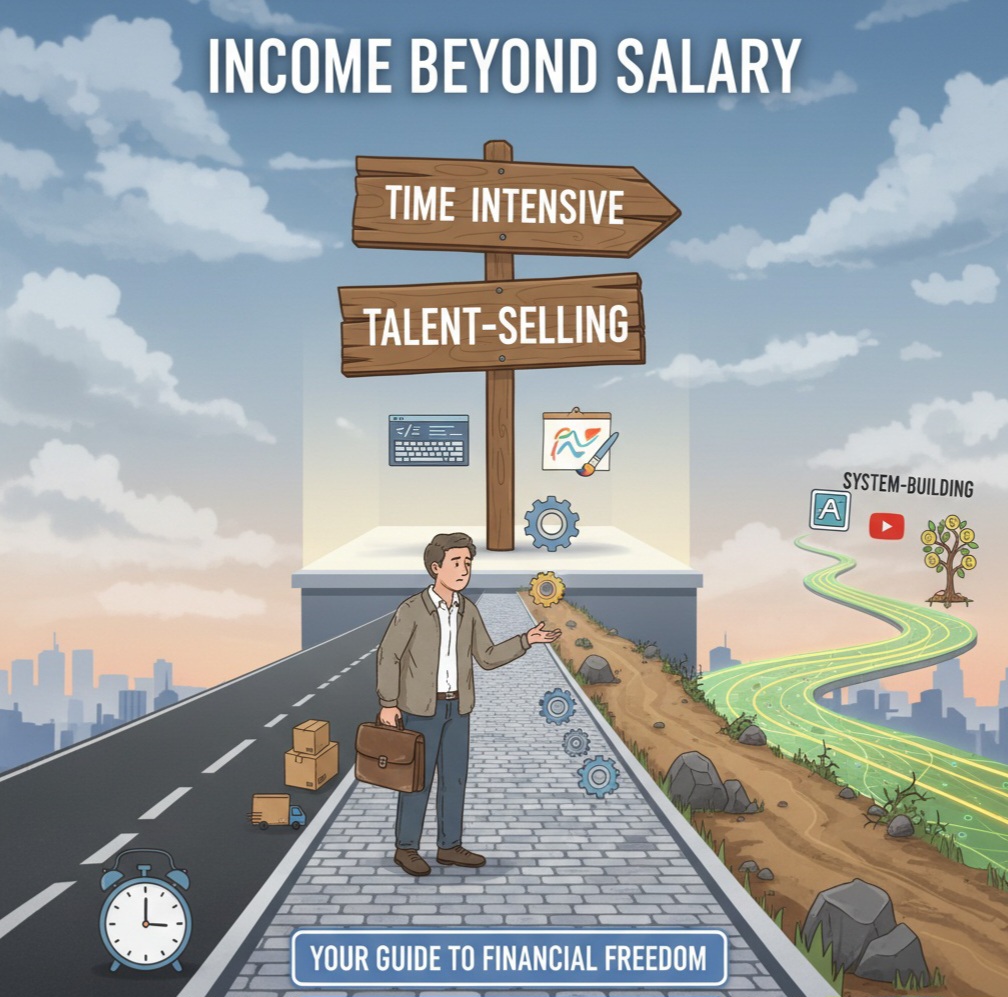 퇴근한 직장인 캐릭터가 '시간', '재능', '시스템'이라고 적힌 세 갈래 길 앞에서 고민하는 모습. 각 길은 서로 다른 부업의 특징을 상징한다.