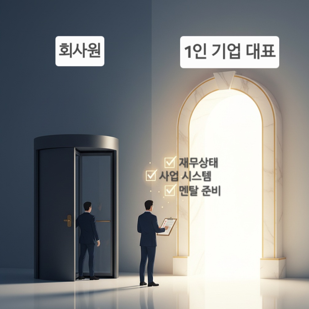 한 사람이 '직장인'이라는 좁은 문을 나와 '대표(CEO)'라고 적힌 넓고 환한 문으로 걸어 들어가는 모습. 문 앞에는 '재무', '사업', '멘탈' 체크리스트가 놓여있다.