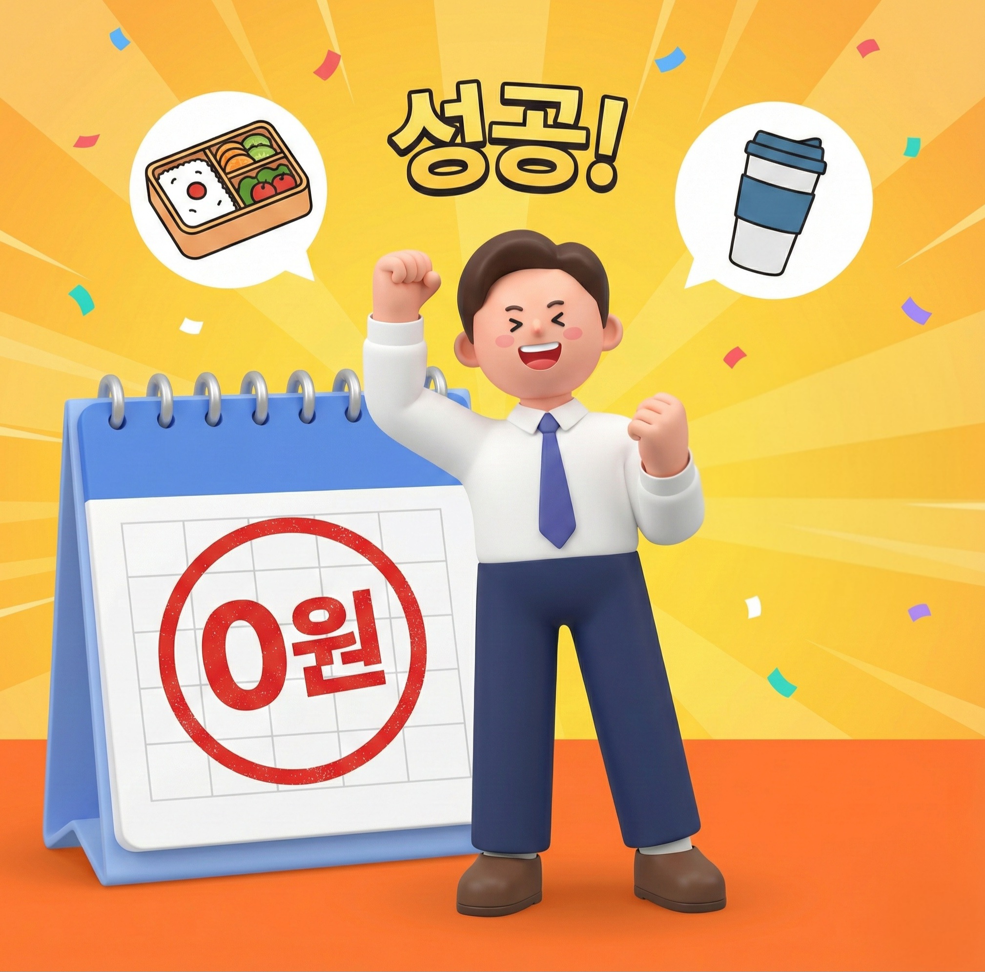 달력에 큼지막하게 '0원' 도장이 찍혀 있고, 그 옆에 뿌듯해하는 직장인의 모습. 배경에는 '커피', '도시락' 아이콘이 보인다.