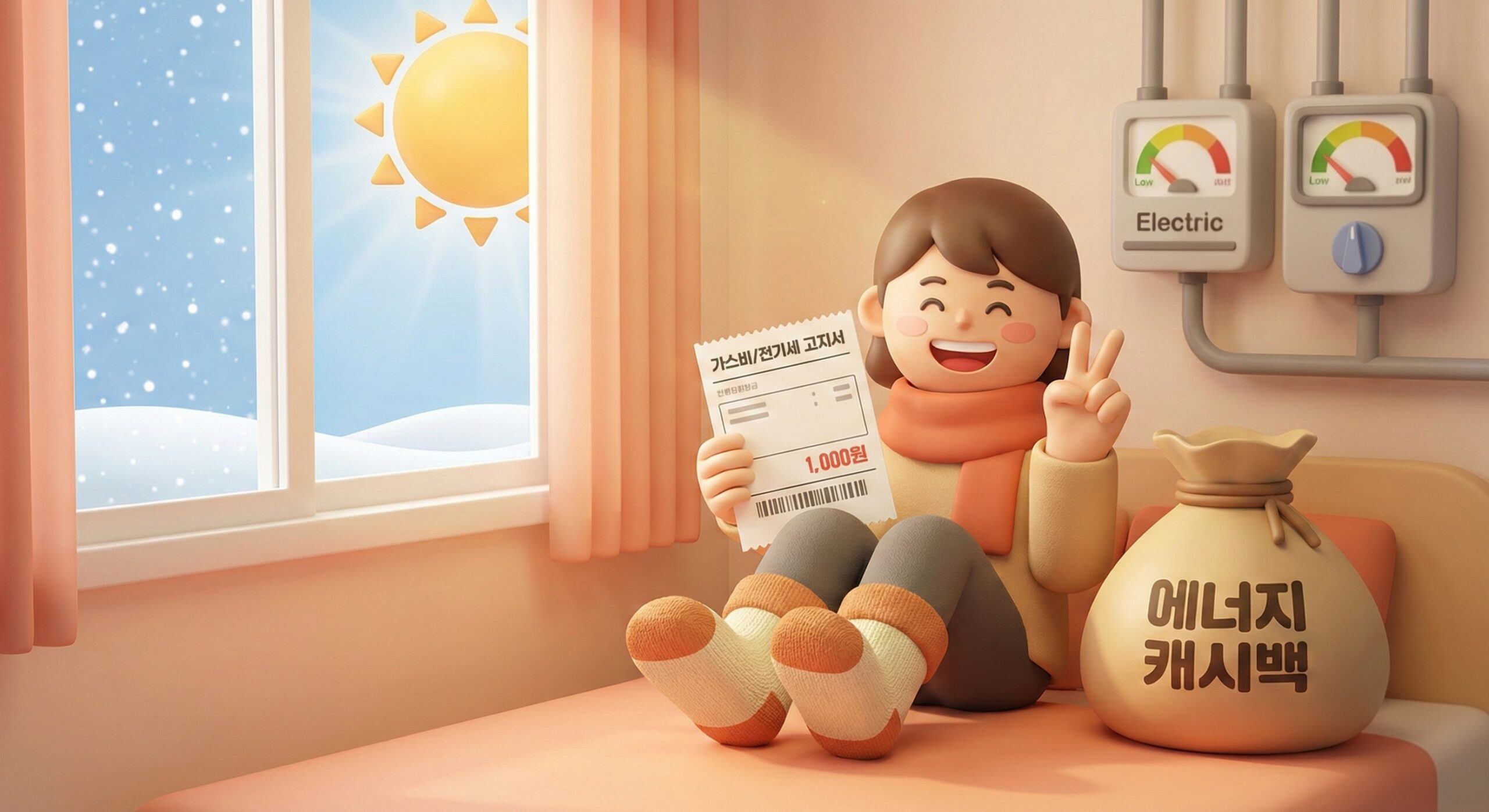 추운 겨울 방 안에서 따뜻하게 입은 캐릭터가 가스비 고지서를 보며 웃고 있고, 옆에는 '에너지 캐시백'으로 받은 돈주머니가 놓여 있다. 배경에는 전기 계량기와 가스 계량기 바늘이 낮게 가리키고 있다.